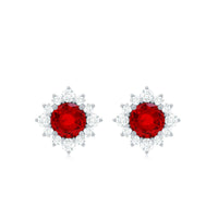 Created ruby stud earrings with diamond halo, 1.25 carats, in classic design by Rosec Jewels.
