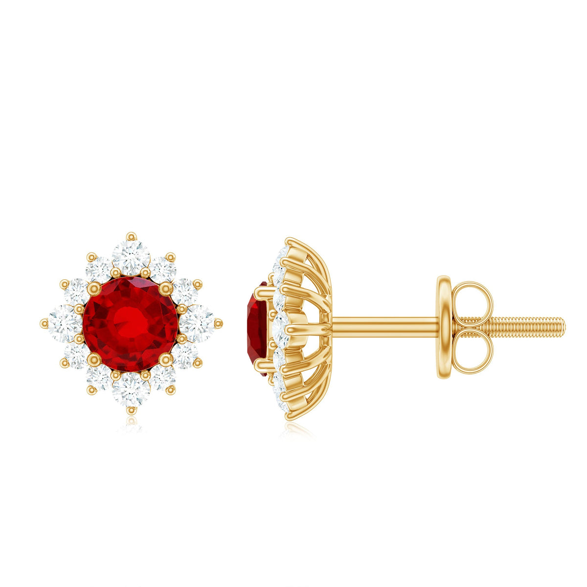 Created ruby stud earrings with diamond halo, 1.25 carats, by Rosec Jewels, featuring classic design and sparkling gemstone accents.