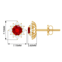 Rosec Jewels 1.25 CT created ruby stud earrings with diamond halo, showcasing elegant jewelry design on a white background.