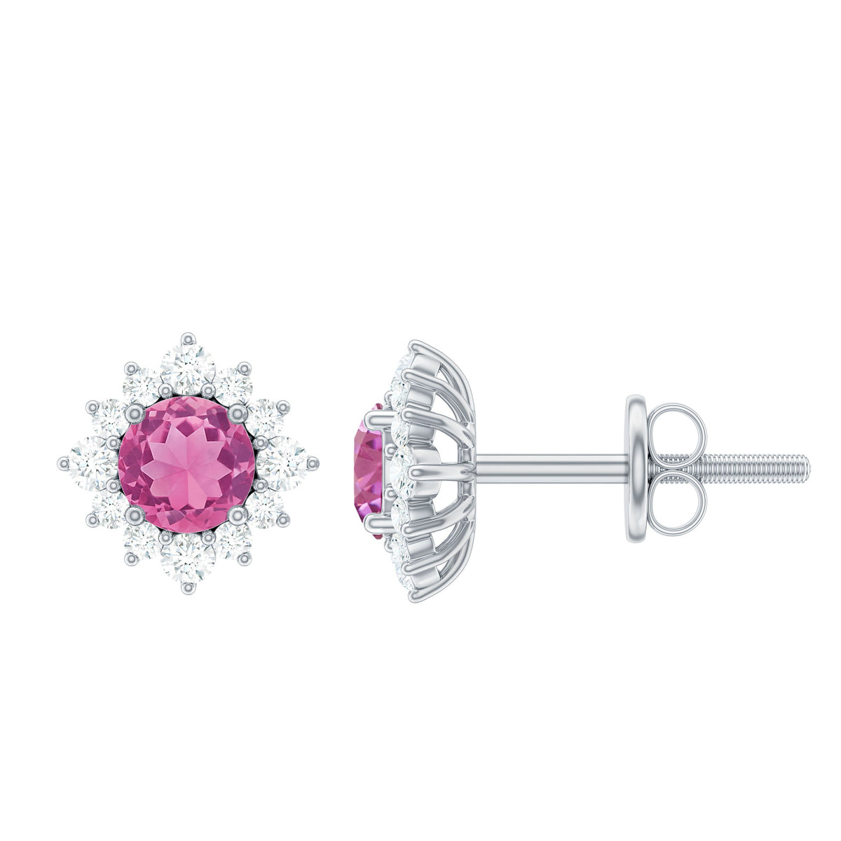 Round pink tourmaline stud earrings with diamond halo from Rosec Jewels, showcasing sparkling gemstones and elegant design.