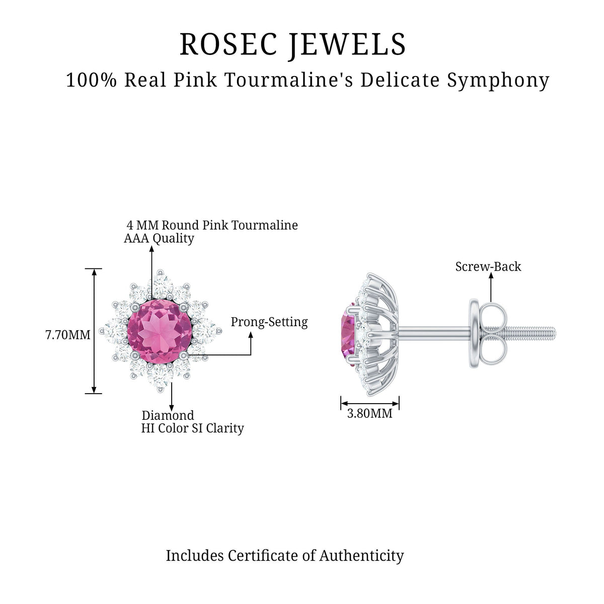 Round pink tourmaline stud earrings with diamond halo from Rosec Jewels, showcasing elegant gemstone and sparkling diamond accents.