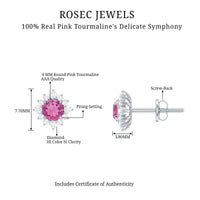 Round pink tourmaline stud earrings with diamond halo from Rosec Jewels, showcasing elegant gemstone and sparkling diamond accents.