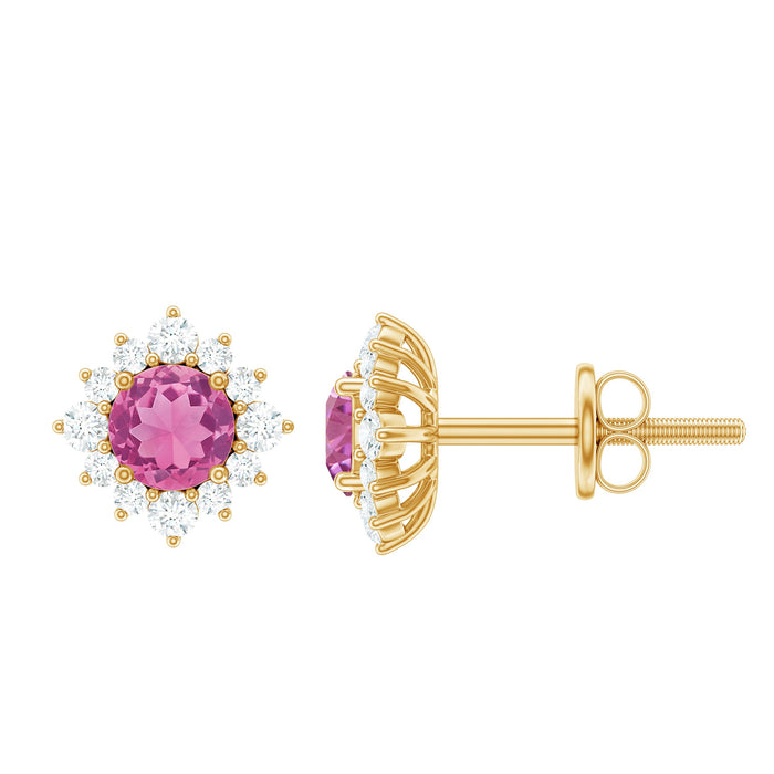 Round pink tourmaline stud earrings with diamond halo by Rosec Jewels, showcasing sparkling gemstones and elegant design.