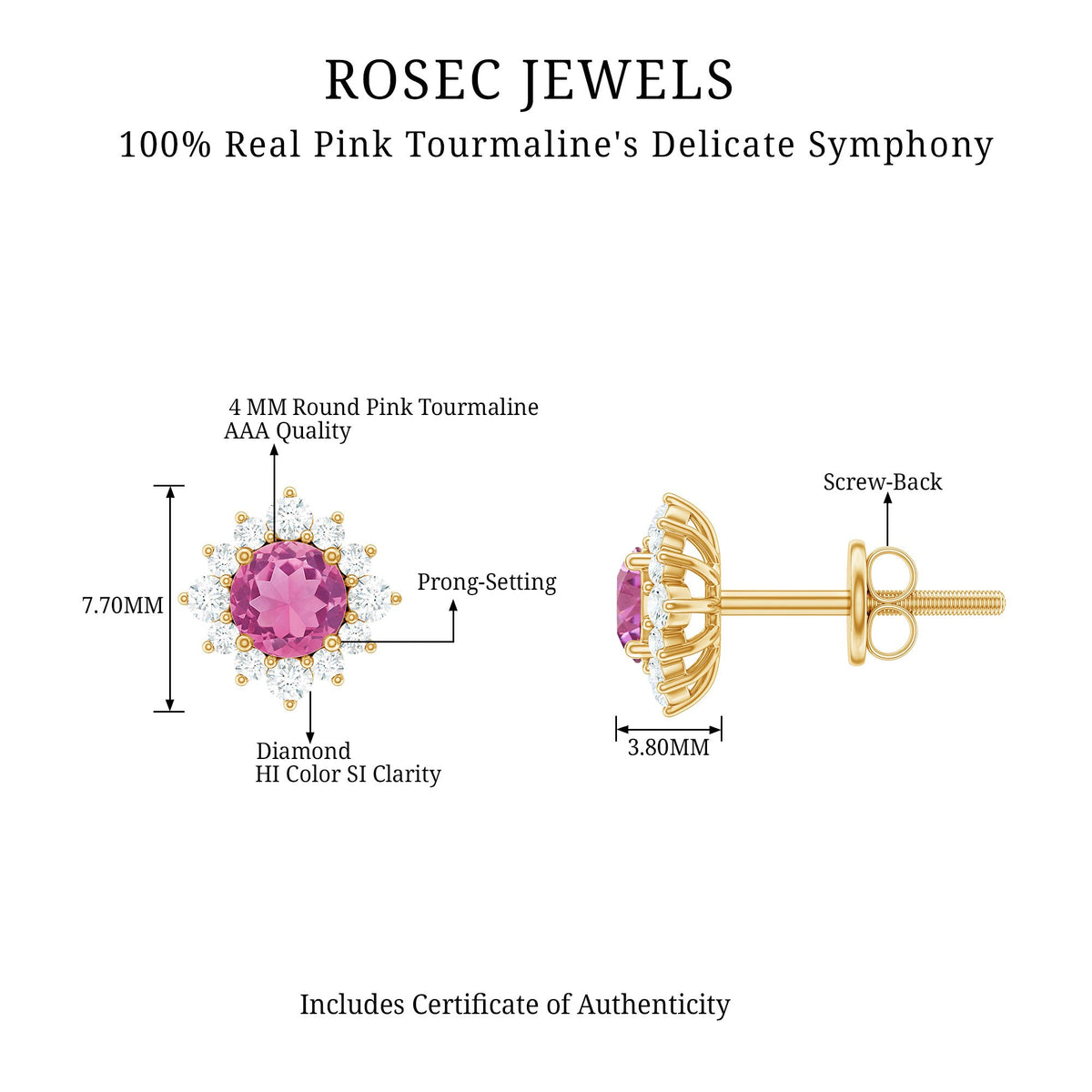 Round pink tourmaline stud earrings with diamond halo, featuring elegant jewelry design from Rosec Jewels.