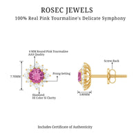 Round pink tourmaline stud earrings with diamond halo, featuring elegant jewelry design from Rosec Jewels.