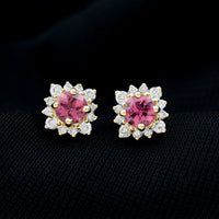 Round pink tourmaline stud earrings with diamond halo from Rosec Jewels, showcasing sparkling pink gemstones and elegant design.