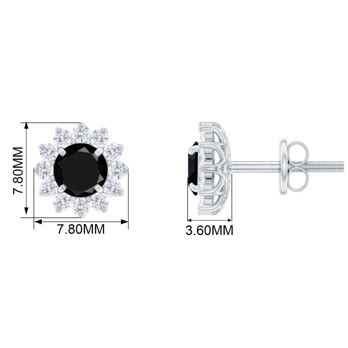 Black spinel and diamond halo stud earrings in prong setting by Rosec Jewels, showcasing a classic and elegant design.