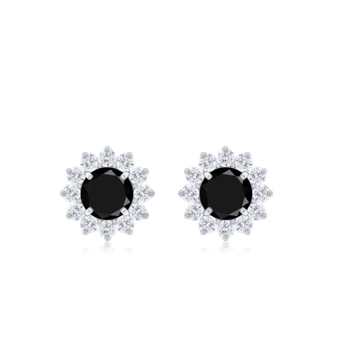 Black spinel and diamond halo stud earrings in prong setting by Rosec Jewels, showcasing elegant round design and sparkling stones.
