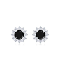 Black spinel and diamond halo stud earrings in prong setting by Rosec Jewels, showcasing elegant round design and sparkling stones.