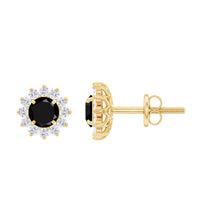 Black spinel and diamond halo stud earrings in prong setting by Rosec Jewels, showcasing elegant jewelry design.