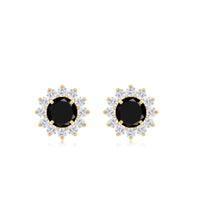 Black spinel and diamond halo stud earrings in prong setting, classic jewelry design by Rosec Jewels.