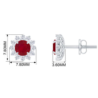 Rosec Jewels Ruby Classic Stud Earrings with Diamond Halo, featuring sparkling diamonds and vibrant ruby gemstones.