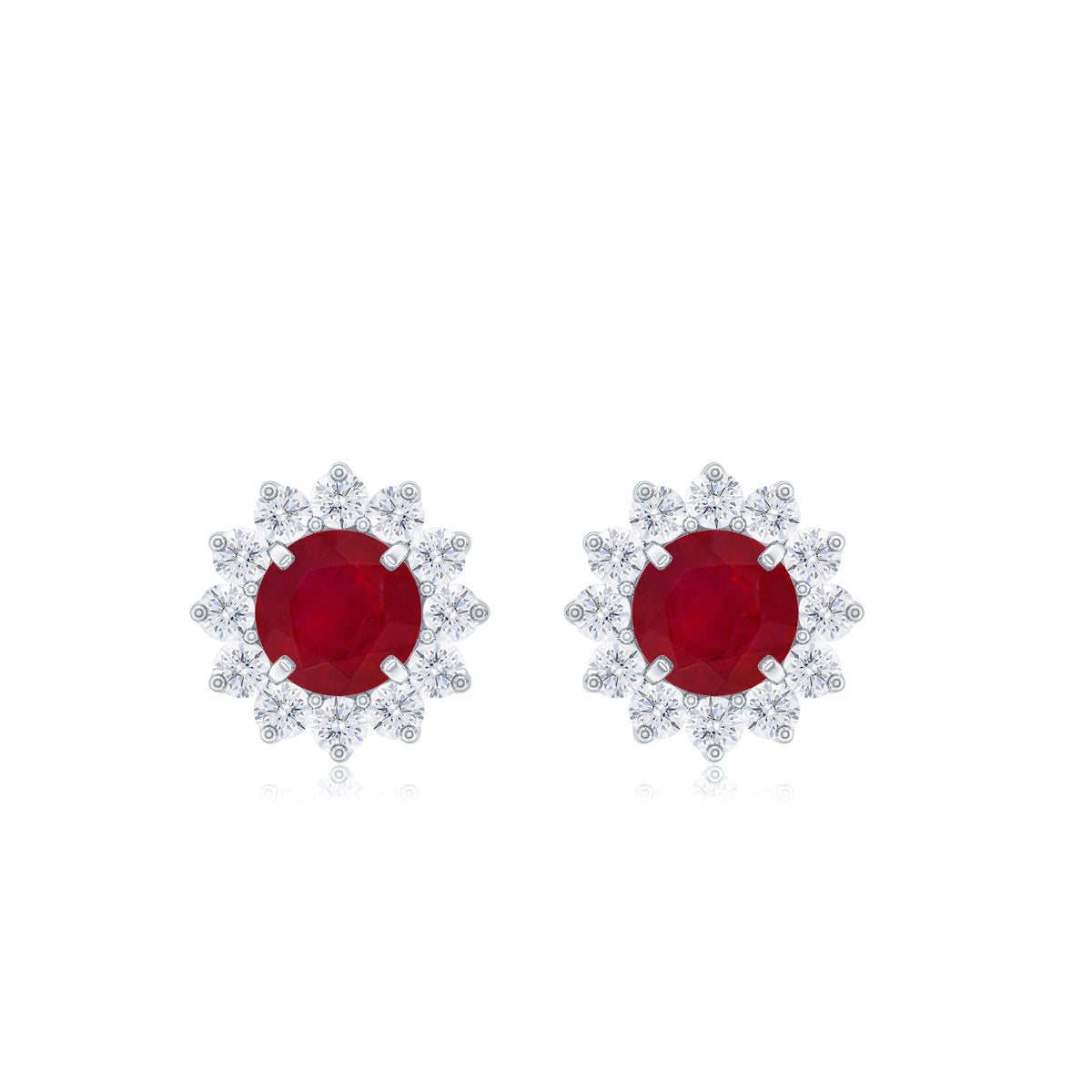 Rosec Jewels Ruby Classic Stud Earrings with Diamond Halo, showcasing sparkling ruby gemstones and a diamond-encrusted halo design.