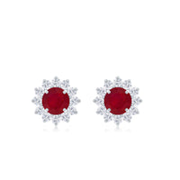 Rosec Jewels Ruby Classic Stud Earrings with Diamond Halo, showcasing sparkling ruby gemstones and a diamond-encrusted halo design.