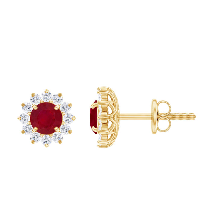 Rosec Jewels Ruby Classic Stud Earrings with Diamond Halo, featuring sparkling diamonds and vibrant ruby stones.