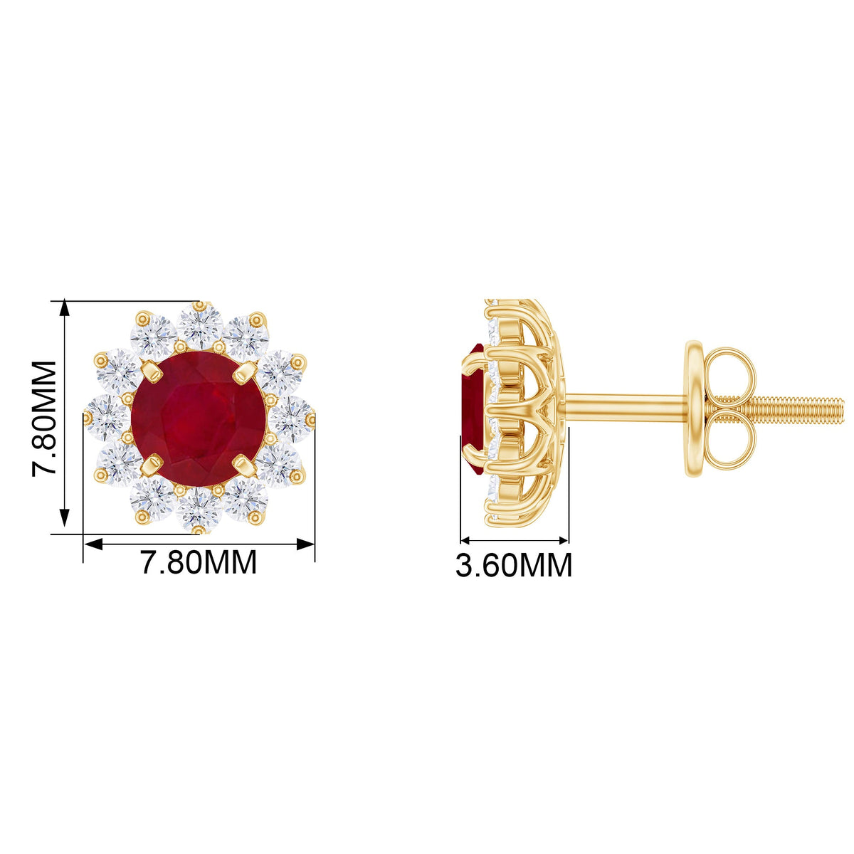 Rosec Jewels Ruby Classic Stud Earrings with Diamond Halo, showcasing sparkling ruby stones and a halo of diamonds.
