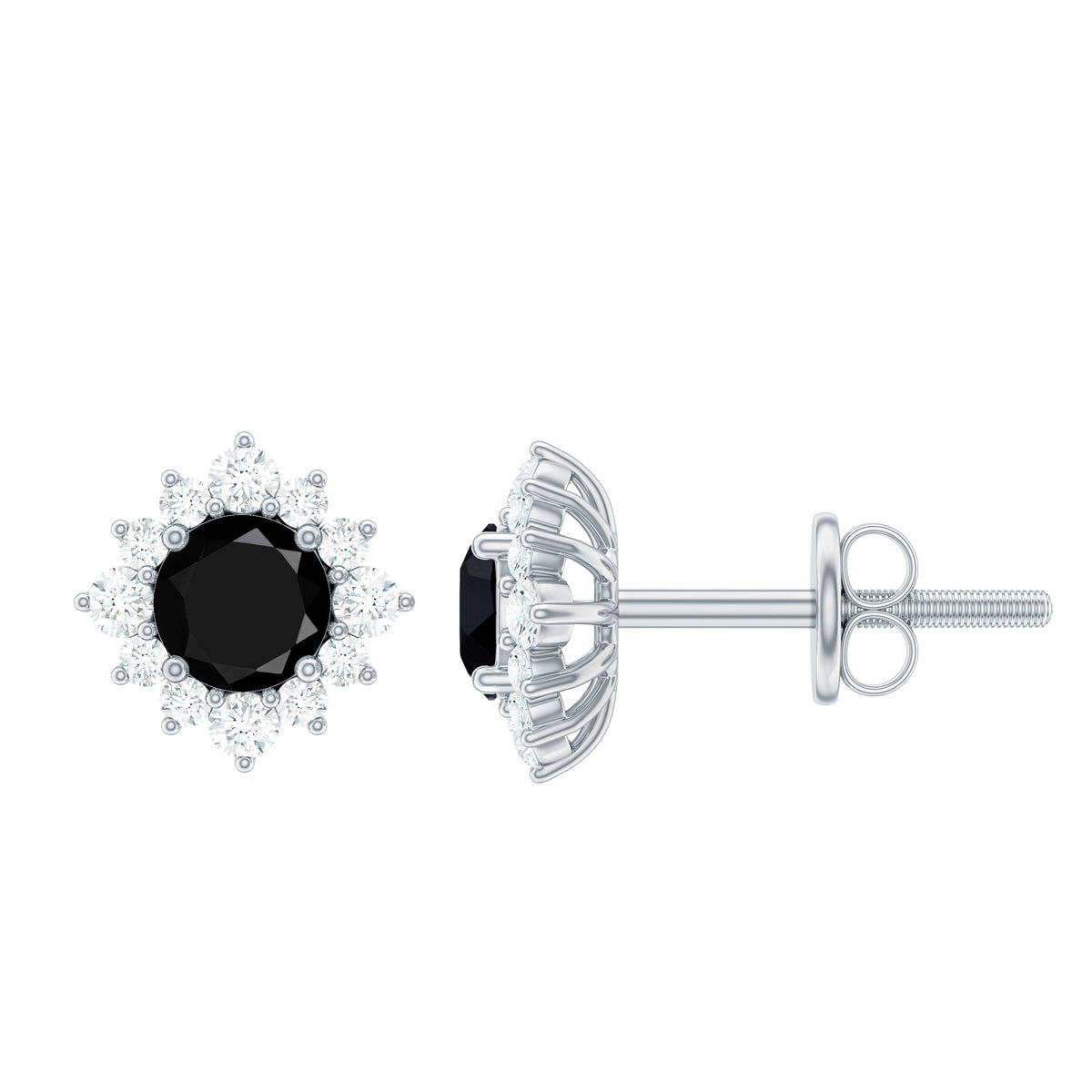 Black onyx stud earrings with diamond halo by Rosec Jewels, showcasing elegant gemstone and sparkling diamond accents.