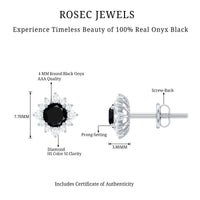 Real black onyx stud earrings with diamond halo from Rosec Jewels, showcasing elegant jewelry design and sparkling accents.
