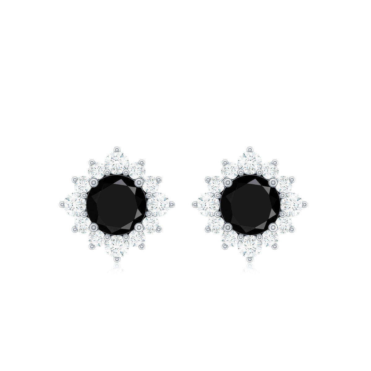 Black onyx stud earrings with diamond halo, featuring Rosec Jewels' elegant and sparkling jewelry design.