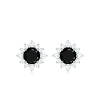 Black onyx stud earrings with diamond halo, featuring Rosec Jewels' elegant and sparkling jewelry design.