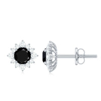 Real black onyx stud earrings with diamond halo, featuring Rosec Jewels' elegant jewelry design.