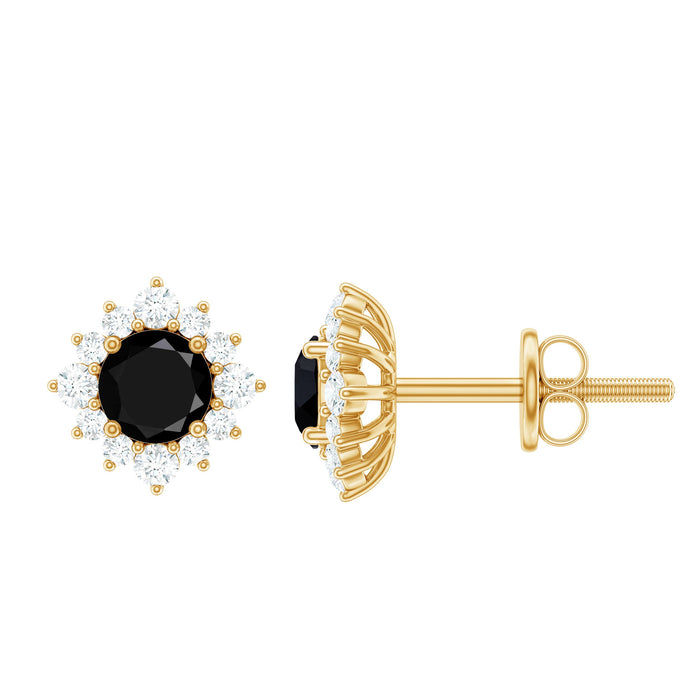 Black onyx stud earrings with diamond halo, Rosec Jewels jewelry featuring elegant gemstone and sparkling diamond accents.