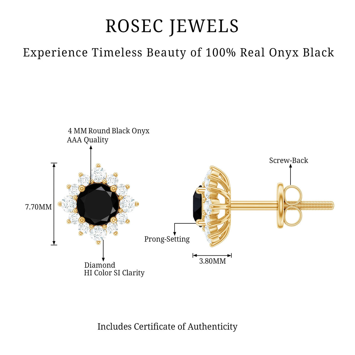 Black onyx stud earrings with diamond halo from Rosec Jewels, showcasing the elegant jewelry design.