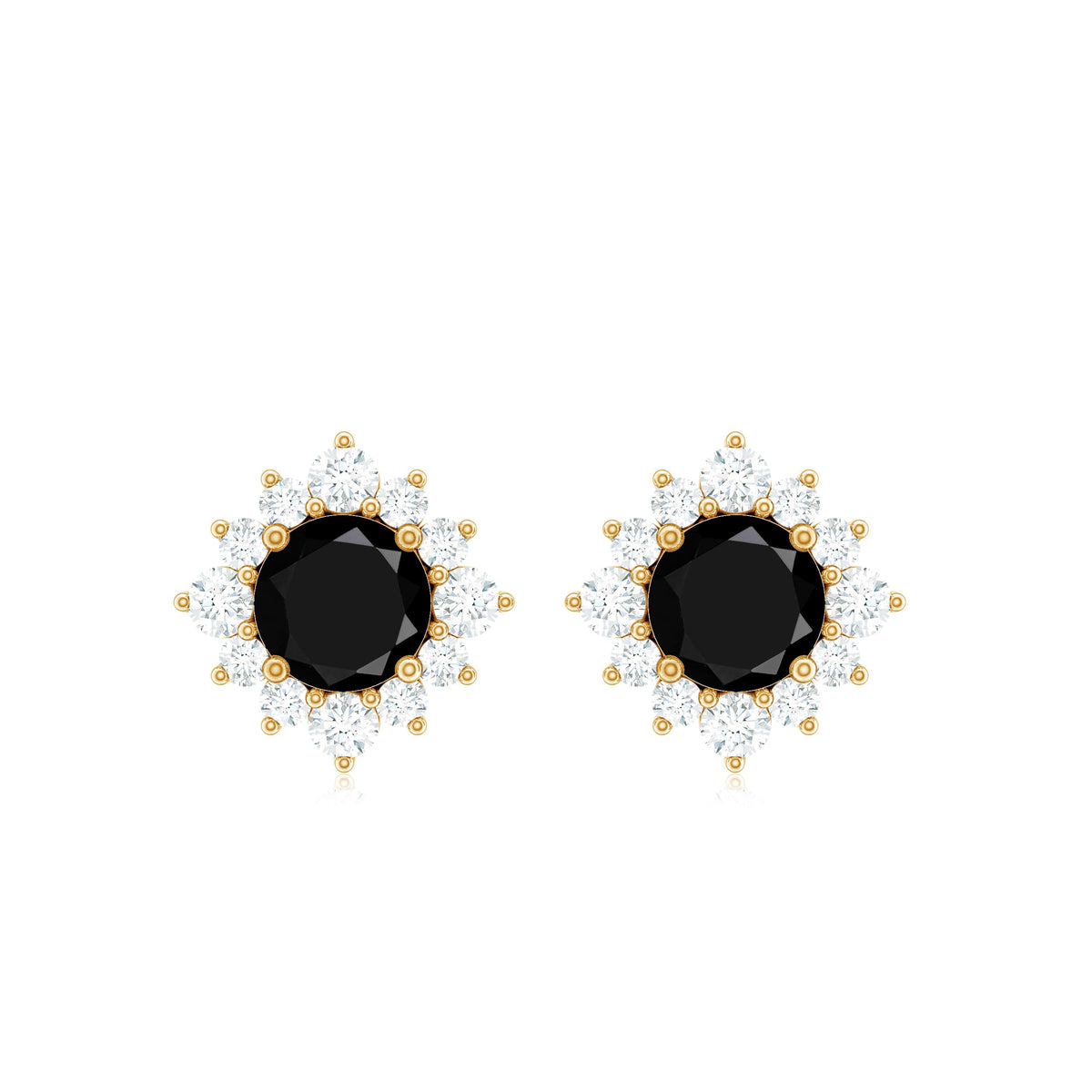 Real black onyx stud earrings with diamond halo from Rosec Jewels, showcasing elegant gemstone and sparkling diamond accents.