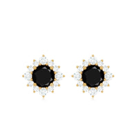 Real black onyx stud earrings with diamond halo from Rosec Jewels, showcasing elegant gemstone and sparkling diamond accents.