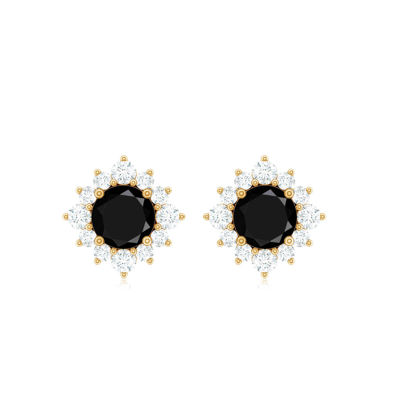 Real black onyx stud earrings with diamond halo from Rosec Jewels, showcasing elegant gemstone and sparkling diamond accents.
