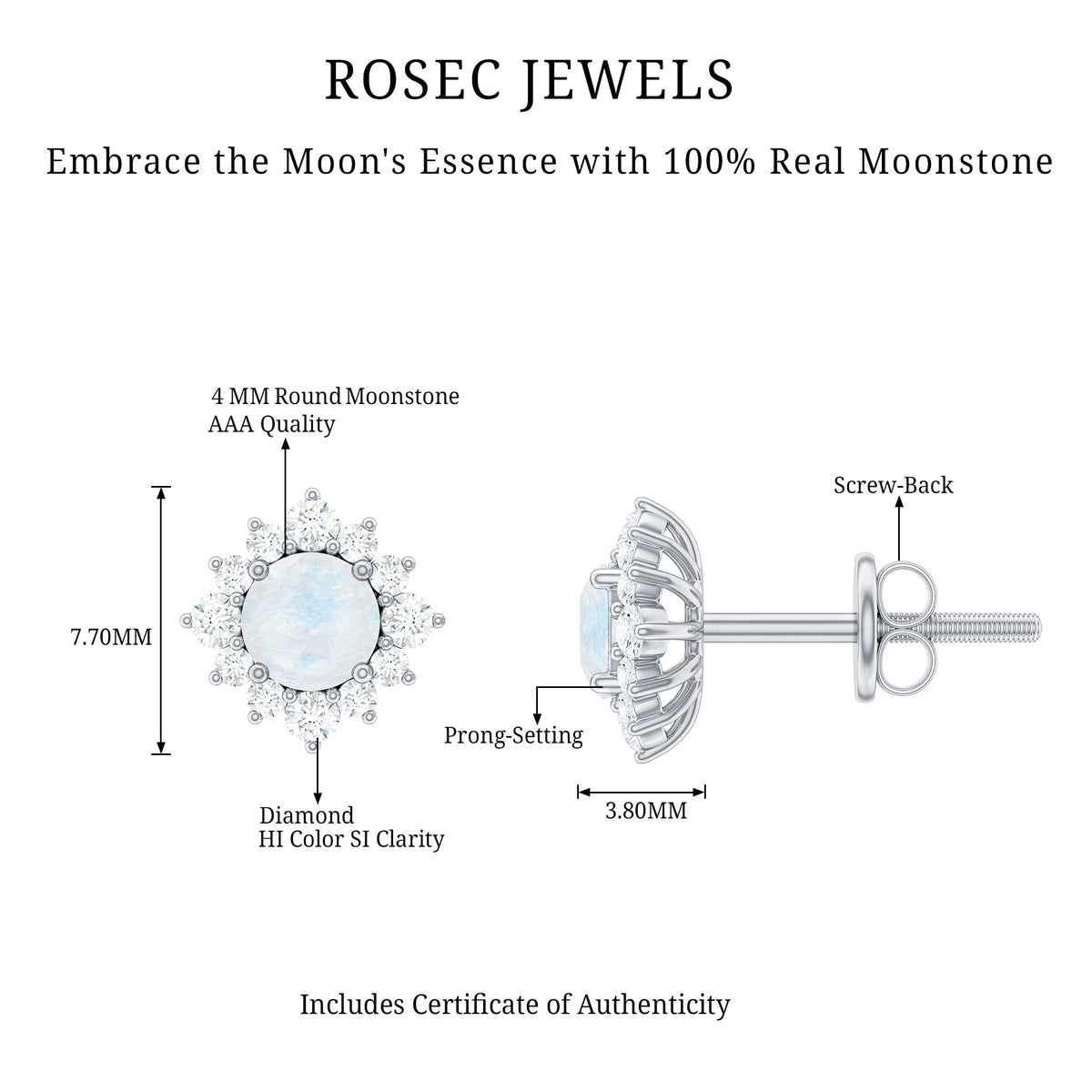 Rosec Jewels classic moonstone stud earrings with diamond halo, showcasing sparkling moonstone and delicate metal setting.