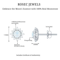 Rosec Jewels classic moonstone stud earrings with diamond halo, showcasing sparkling moonstone and delicate metal setting.