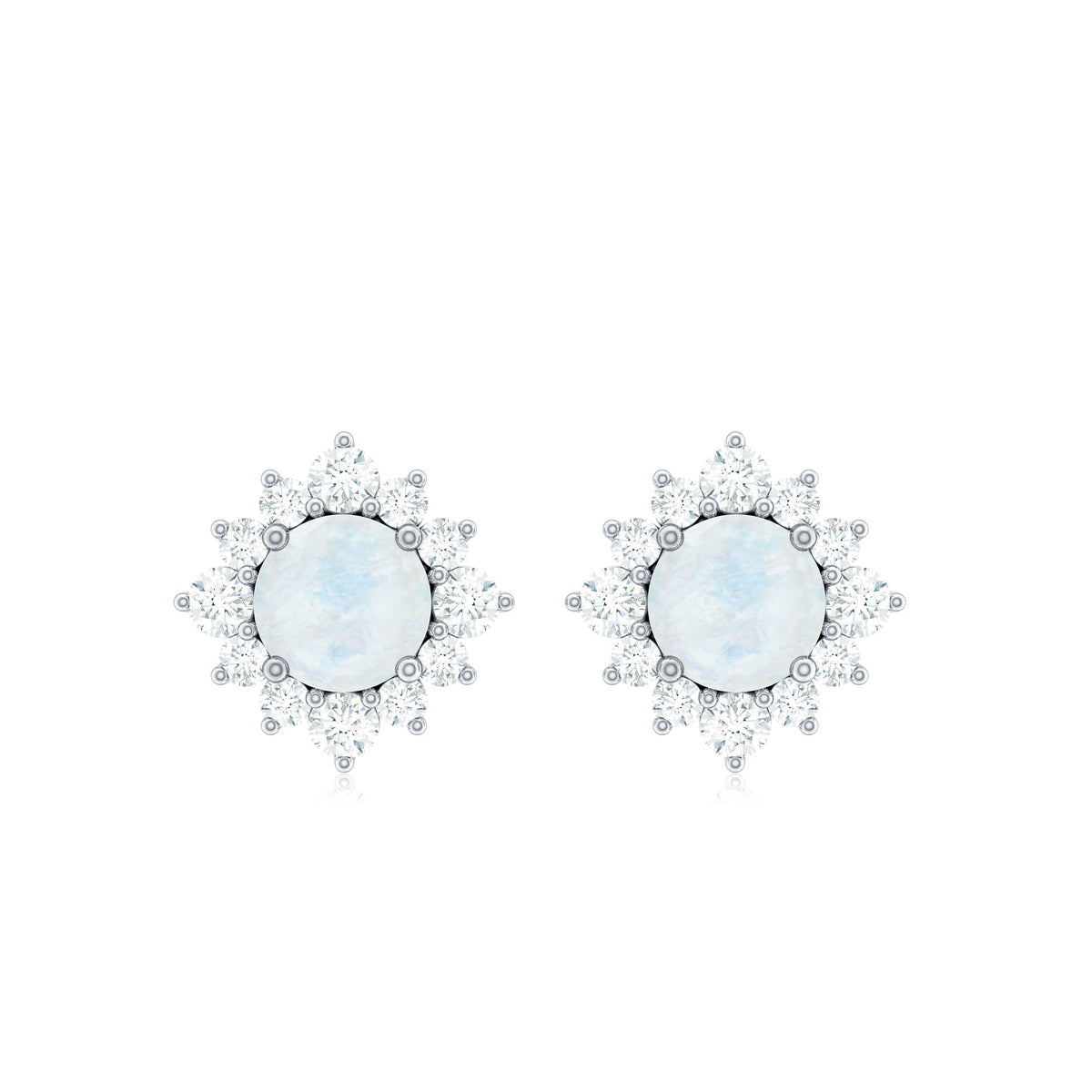 Rosec Jewels classic moonstone stud earrings with diamond halo, featuring sparkling moonstone gems and elegant design.