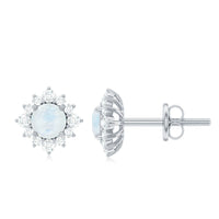Rosec Jewels classic moonstone stud earrings with diamond halo, showcasing elegant moonstone gemstones and sparkling diamond accents.