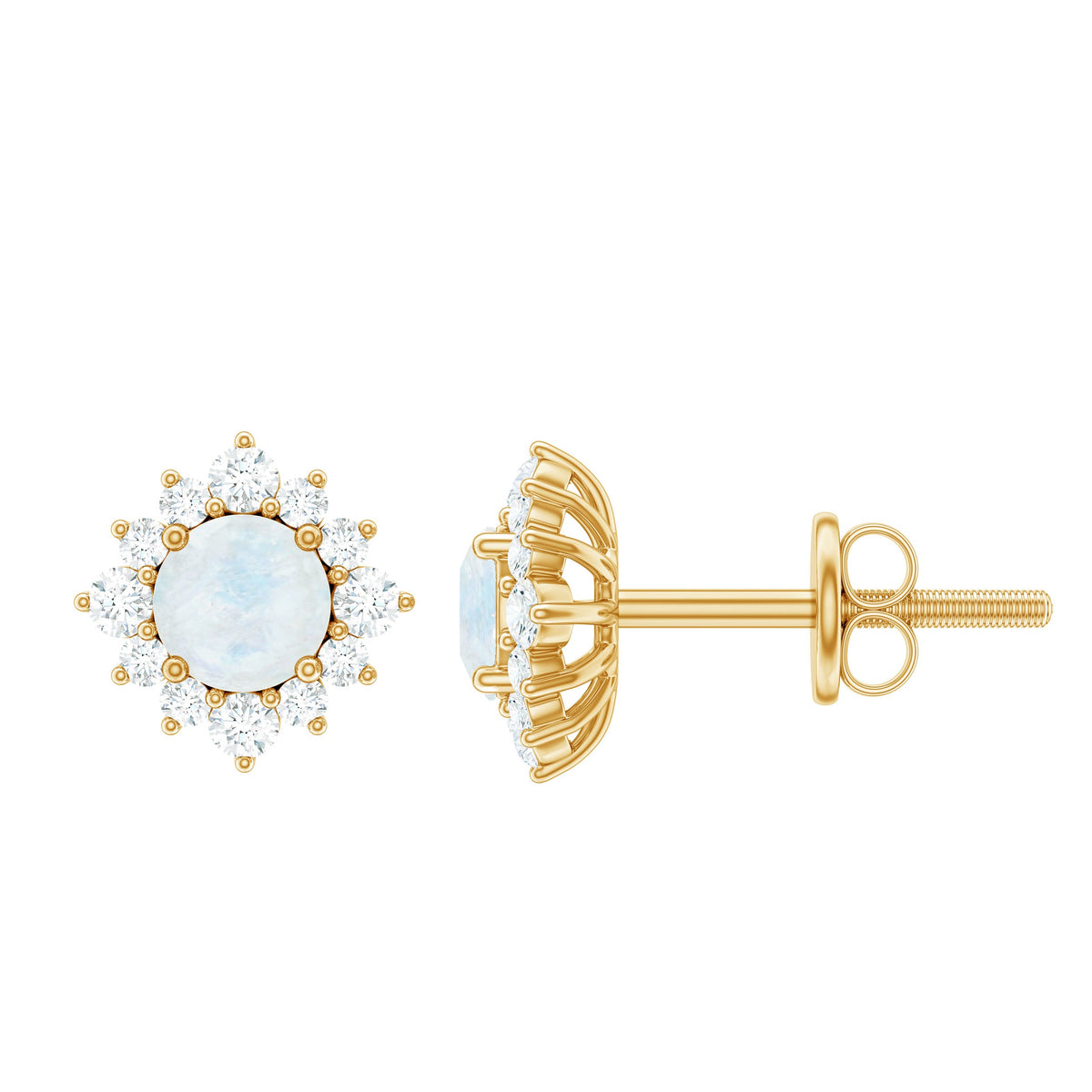 Rosec Jewels classic moonstone stud earrings with diamond halo, featuring polished silver settings and sparkling gemstones.