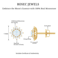 Rosec Jewels classic moonstone stud earrings with diamond halo, showcasing elegant moonstone and sparkling diamonds.
