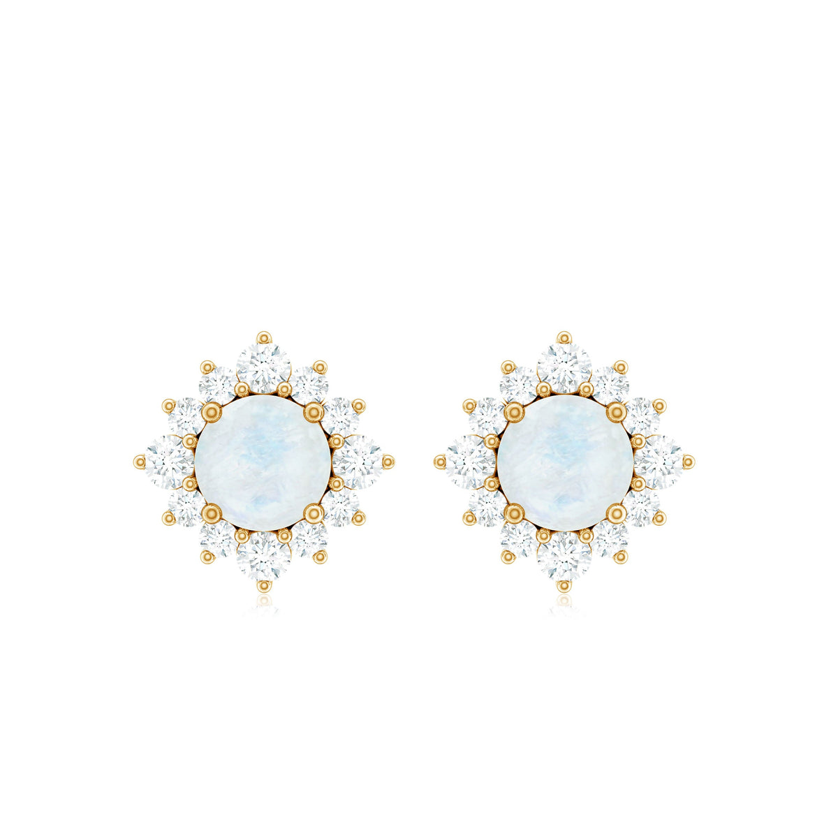 Rosec Jewels classic moonstone stud earrings with diamond halo, showcasing round moonstones surrounded by sparkling diamonds.