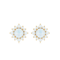 Rosec Jewels classic moonstone stud earrings with diamond halo, showcasing round moonstones surrounded by sparkling diamonds.