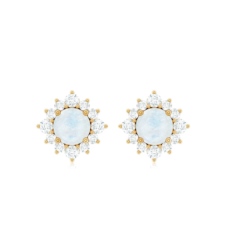 Rosec Jewels classic moonstone stud earrings with diamond halo, showcasing round moonstones surrounded by sparkling diamonds.