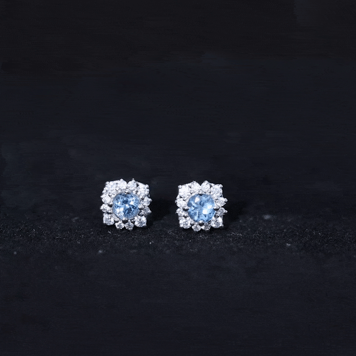 Yellow aquamarine stud earrings with diamond halo, featuring Rosec Jewels' elegant jewelry design.