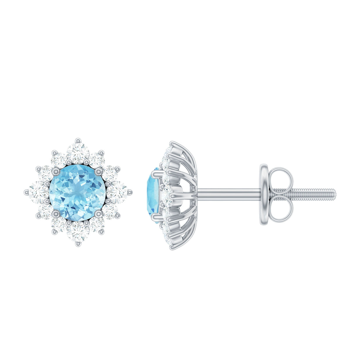 Real aquamarine stud earrings with diamond halo, featuring sparkling gemstones and elegant silver settings.