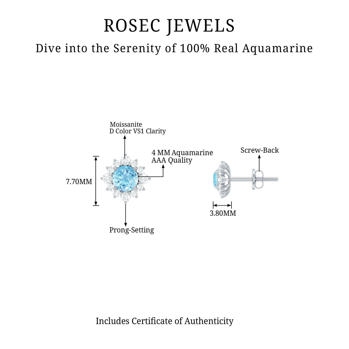 Rosec Jewels aquamarine stud earrings with diamond halo, featuring round aquamarine gemstones surrounded by sparkling diamonds.