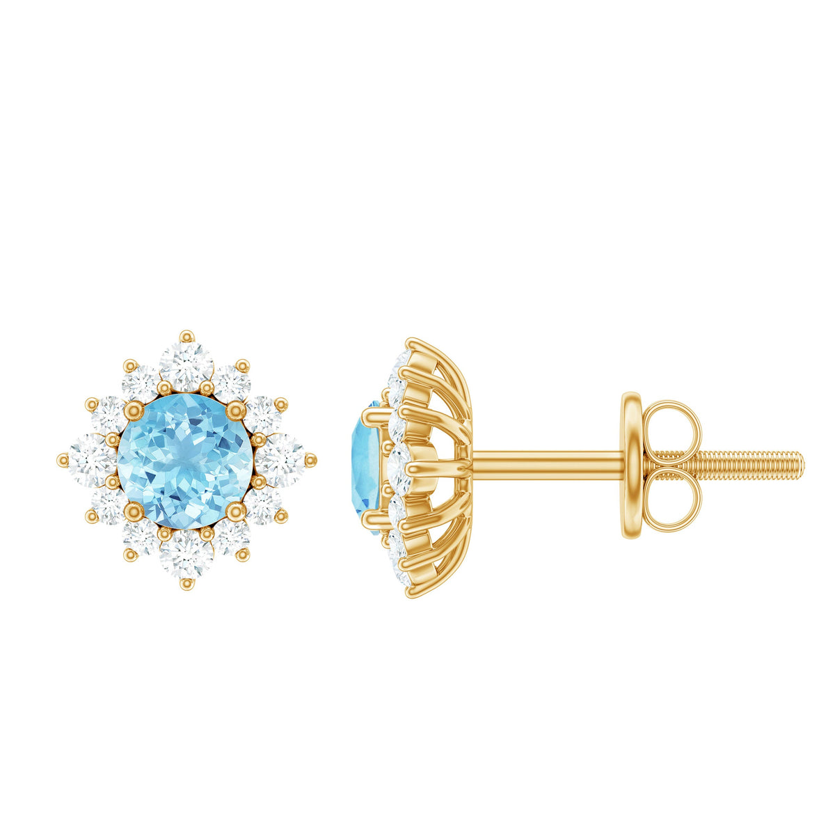 Real aquamarine stud earrings with diamond halo from Rosec Jewels, showcasing sparkling blue gemstones and elegant design.