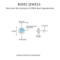 Real aquamarine stud earrings with diamond halo, featuring sparkling gemstones and elegant silver setting by Rosec Jewels
