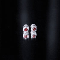 Yellow gold garnet stud earrings with diamond halo, 0.6 carats, classic jewelry by Rosec Jewels