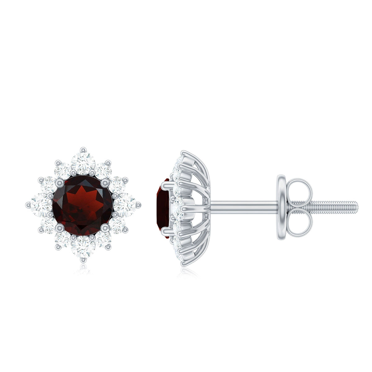 Rosec Jewels 0.6 Carat garnet stud earrings with diamond halo, showcasing elegant gemstone and sparkling surrounding diamonds.
