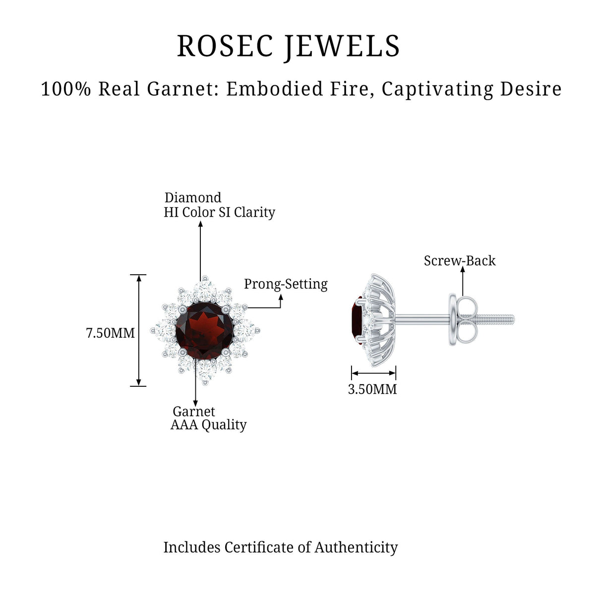Rosec Jewels 0.6 carat garnet stud earrings with diamond halo, showcasing elegant gemstone and sparkling accents.
