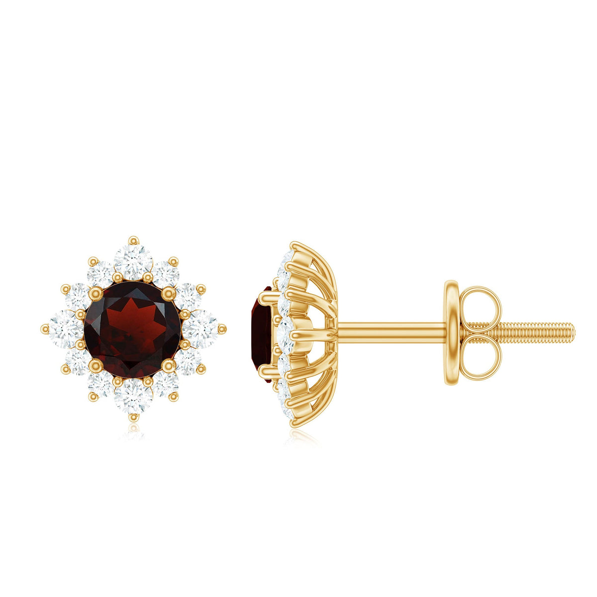 0.6 Carat garnet stud earrings with diamond halo by Rosec Jewels, showcasing red gemstone surrounded by sparkling diamonds.
