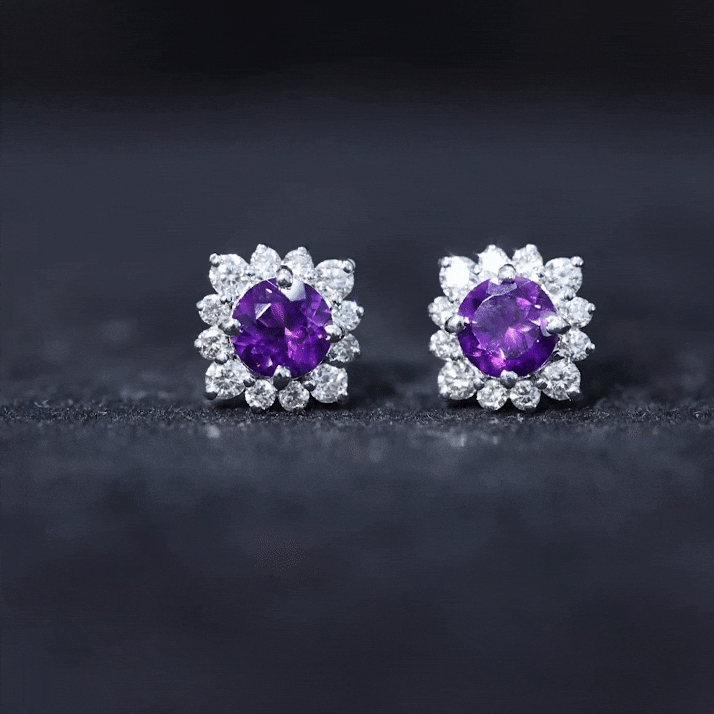 Genuine amethyst stud earrings with diamond halo from Rosec Jewels, featuring purple gemstones and sparkling diamond accents.