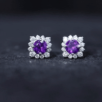 Genuine amethyst stud earrings with diamond halo from Rosec Jewels, featuring purple amethyst stones and sparkling diamond accents.